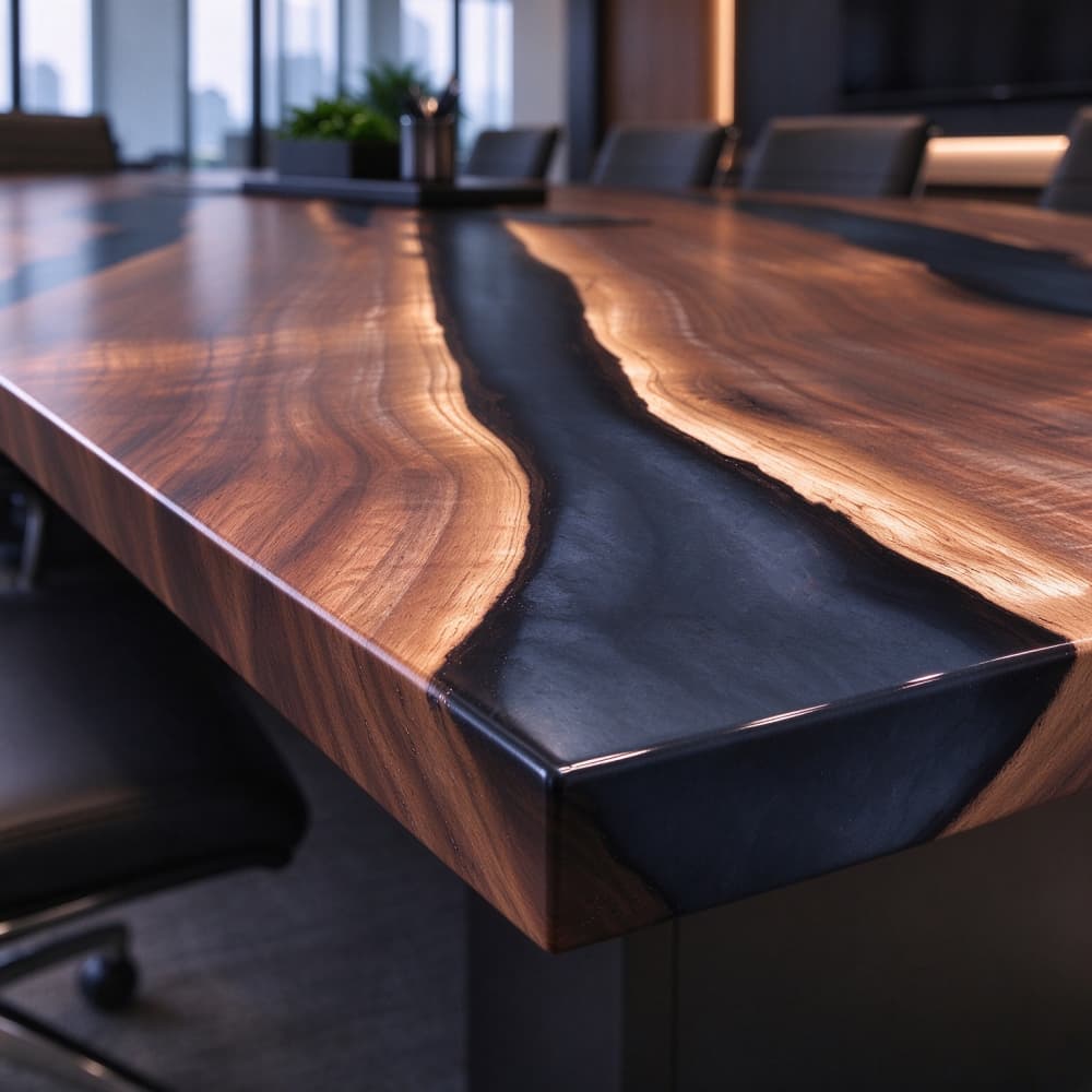 Rectangular solid wood epoxy resin meeting table featuring built-in cable management cutouts for boardroom use