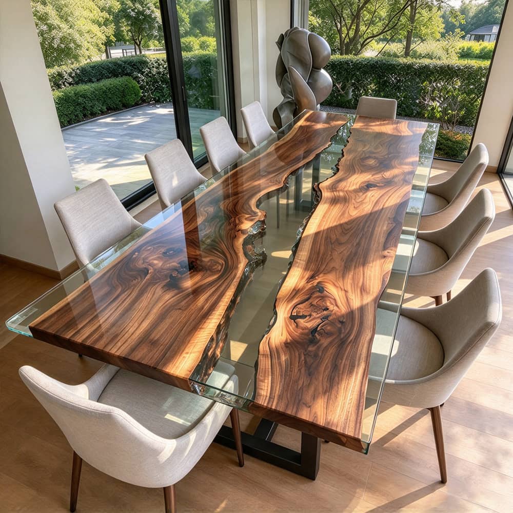 Modern dining room featuring a rectangular black walnut table with a transparent resin inlay.