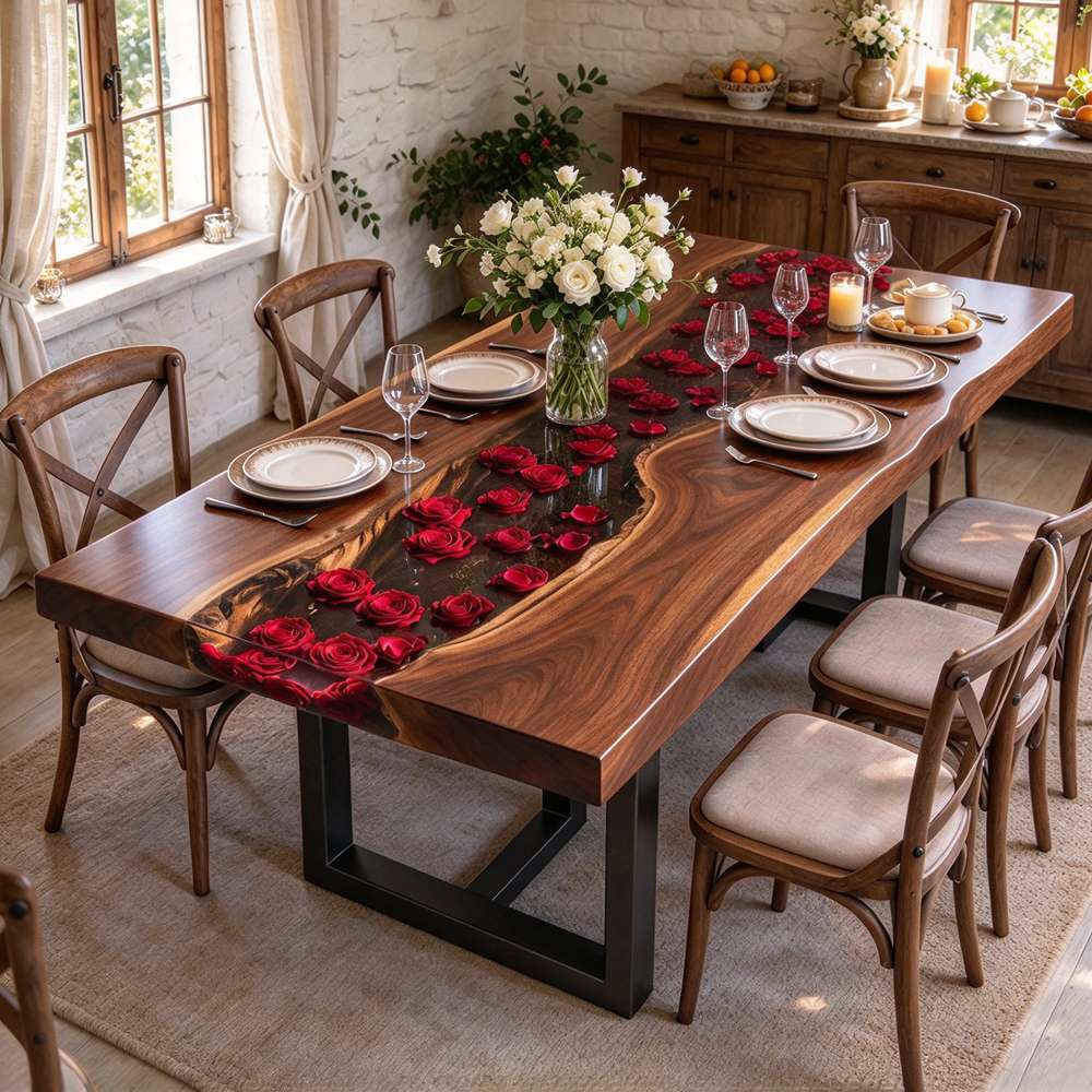 Red rose epoxy inlay dining table, clear resin centerpiece with preserved flowers and solid walnut wood.