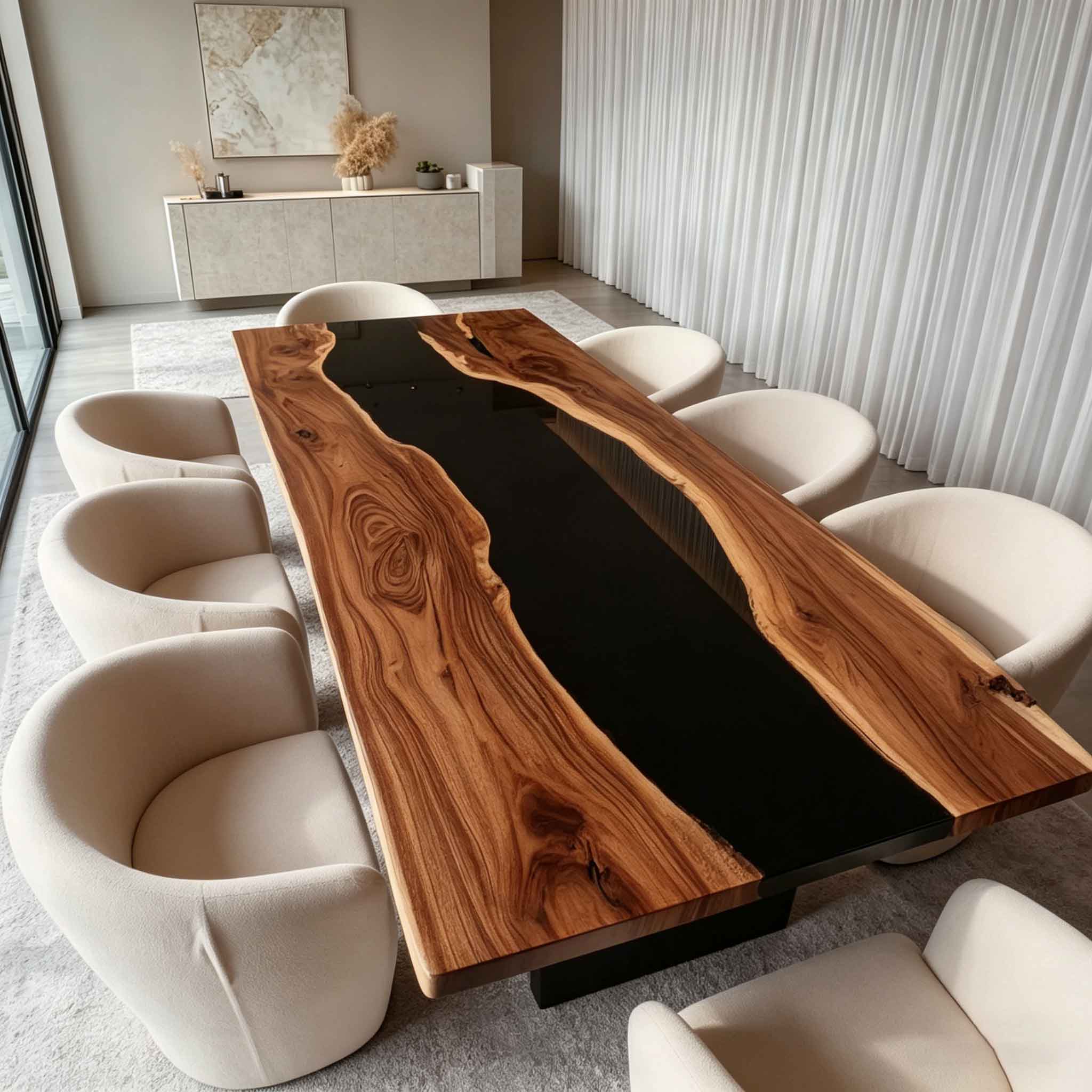 Close-up overhead view capturing reflective glossy black epoxy waterway and intricate swirling natural grain on solid suar hardwood live edge tabletop.