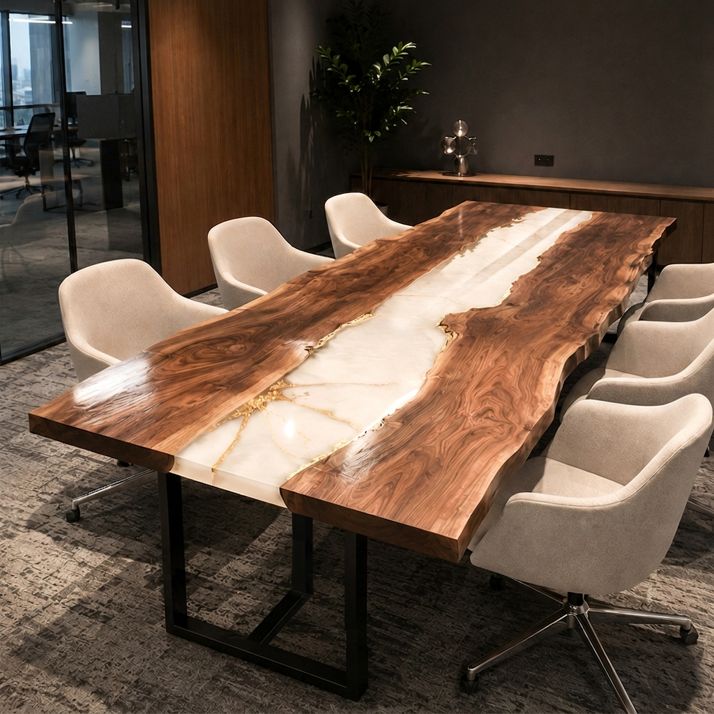 Side structural shot showcasing robust matte black U-shaped metal leg support base for oversized walnut white gold vein epoxy boardroom table.