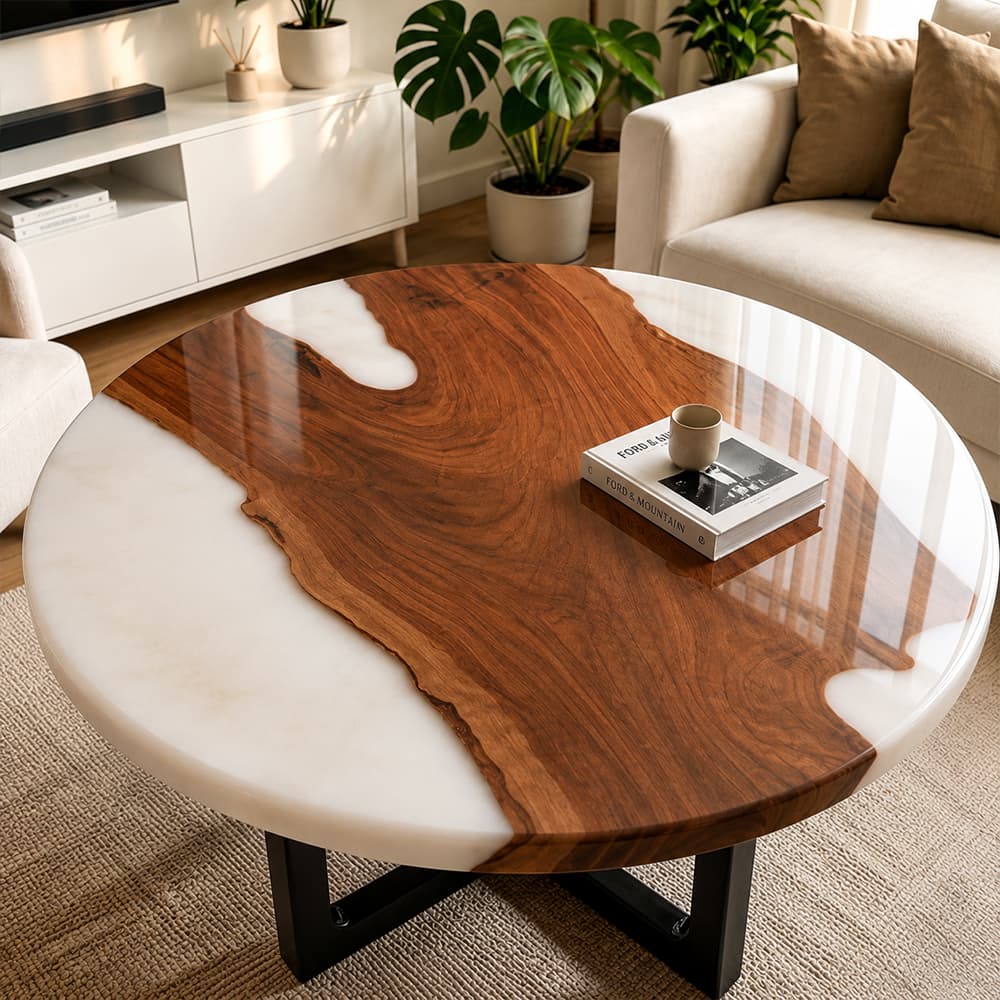 Macro close-up of deep swirling black walnut grain and soft opaque milky white epoxy river channels on circular coffee tabletop