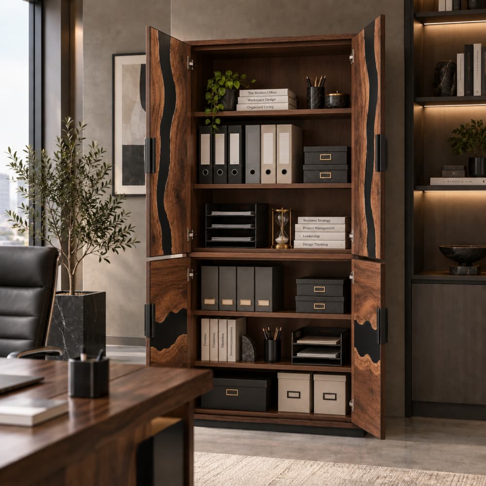 River-inspired black resin design across Black Walnut cabinet doors for a distinctive executive office statement piece
