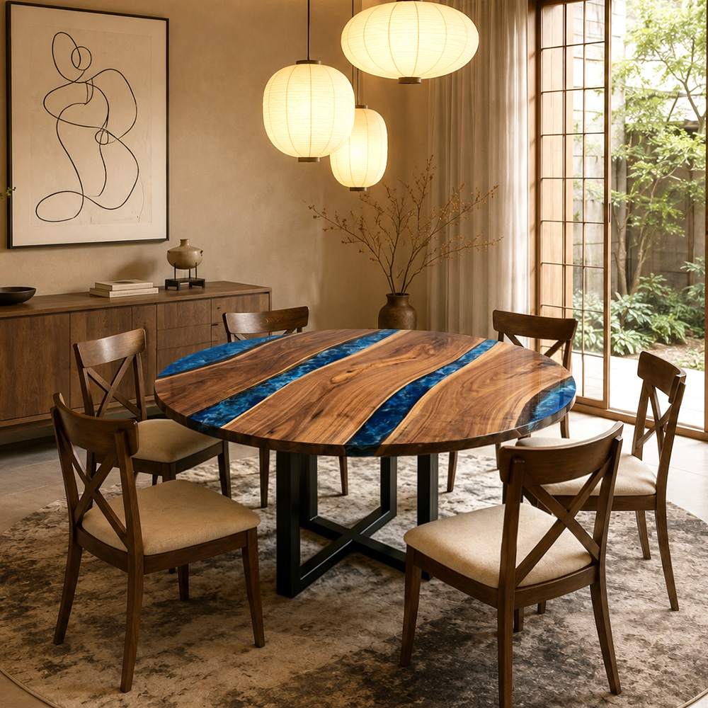 Round black walnut blue swirl epoxy dining table with a circular tabletop in a warm modern dining room