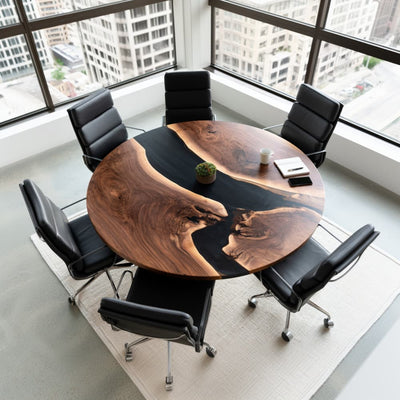 Round Black Walnut Meeting Table with Matte Black Resin River | CT-46