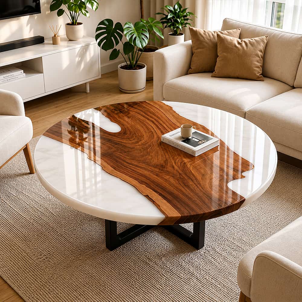 Full neutral living room shot of round live edge black walnut coffee table with creamy milky white epoxy river inlay paired with beige linen sectional sofas