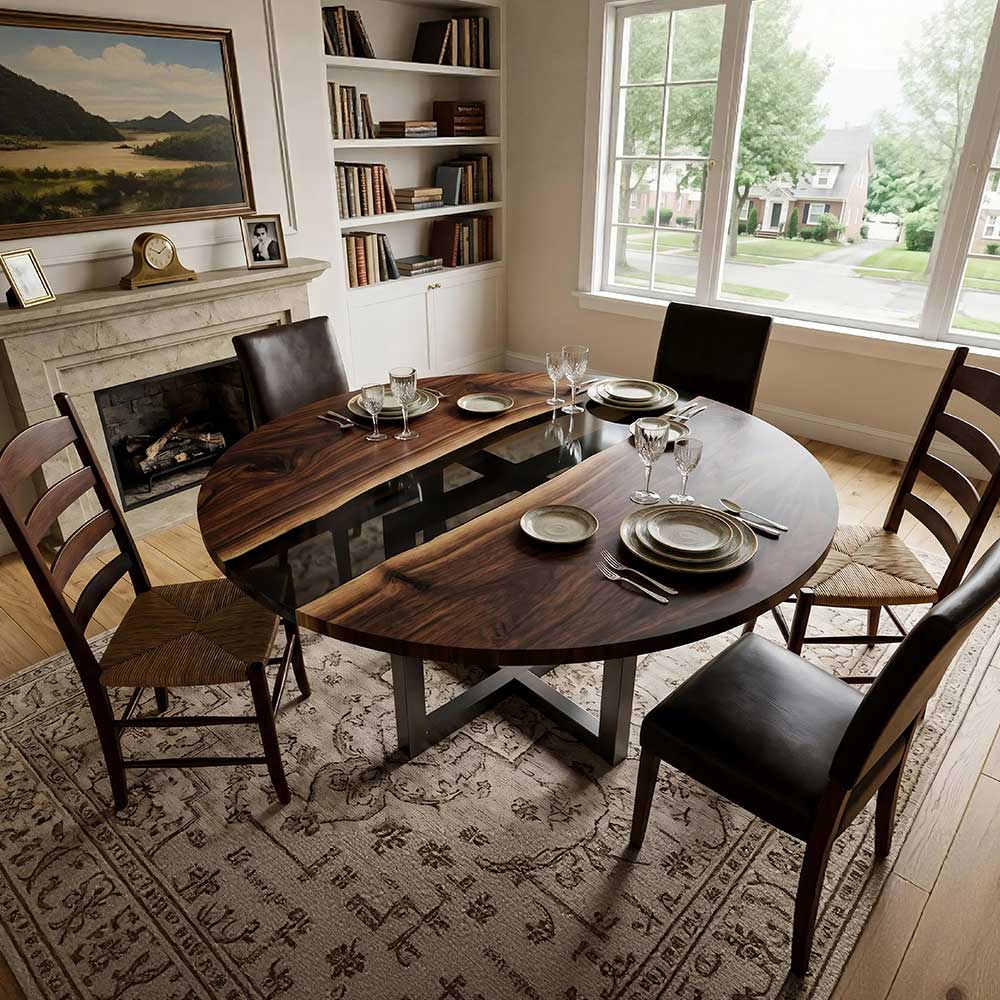 Luxury round live edge black walnut dining table with a translucent smoky black epoxy river.