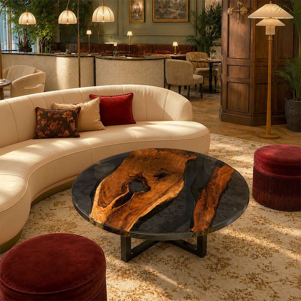Round epoxy coffee table designed for a luxury hotel lobby with curved seating, warm lighting, and an elegant lounge layout