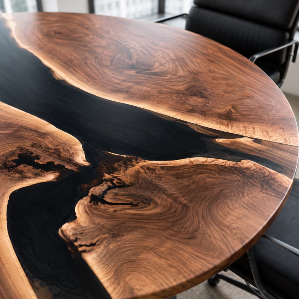 Executive round black walnut collaboration table with black epoxy resin, ideal for client meetings and private office discussions