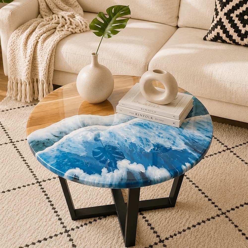 A round maple wood coffee table featuring a vibrant blue ocean wave epoxy resin design with a matte black metal frame