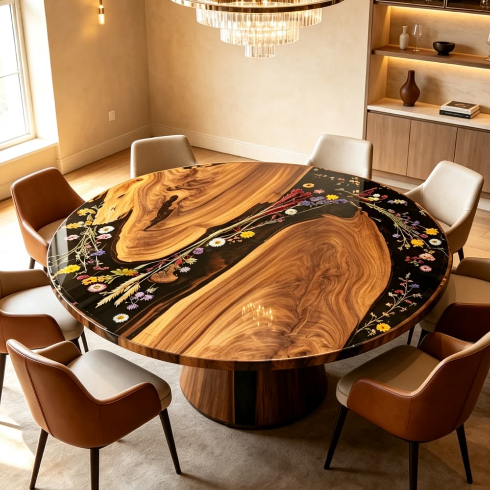 Round walnut dining table with black epoxy resin and colorful dried flower inlay in a modern dining room