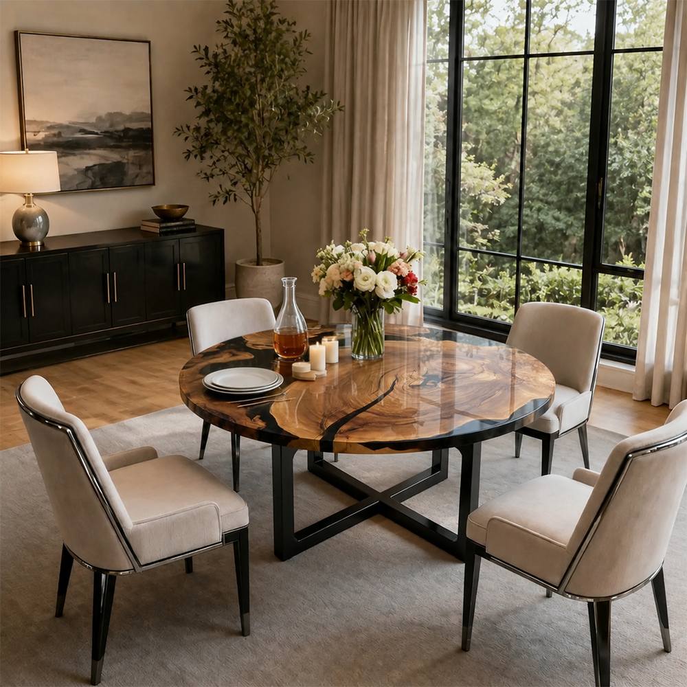 Modern round walnut epoxy table detail showing flowing wood grain, glossy finish, and dark resin movement across the tabletop