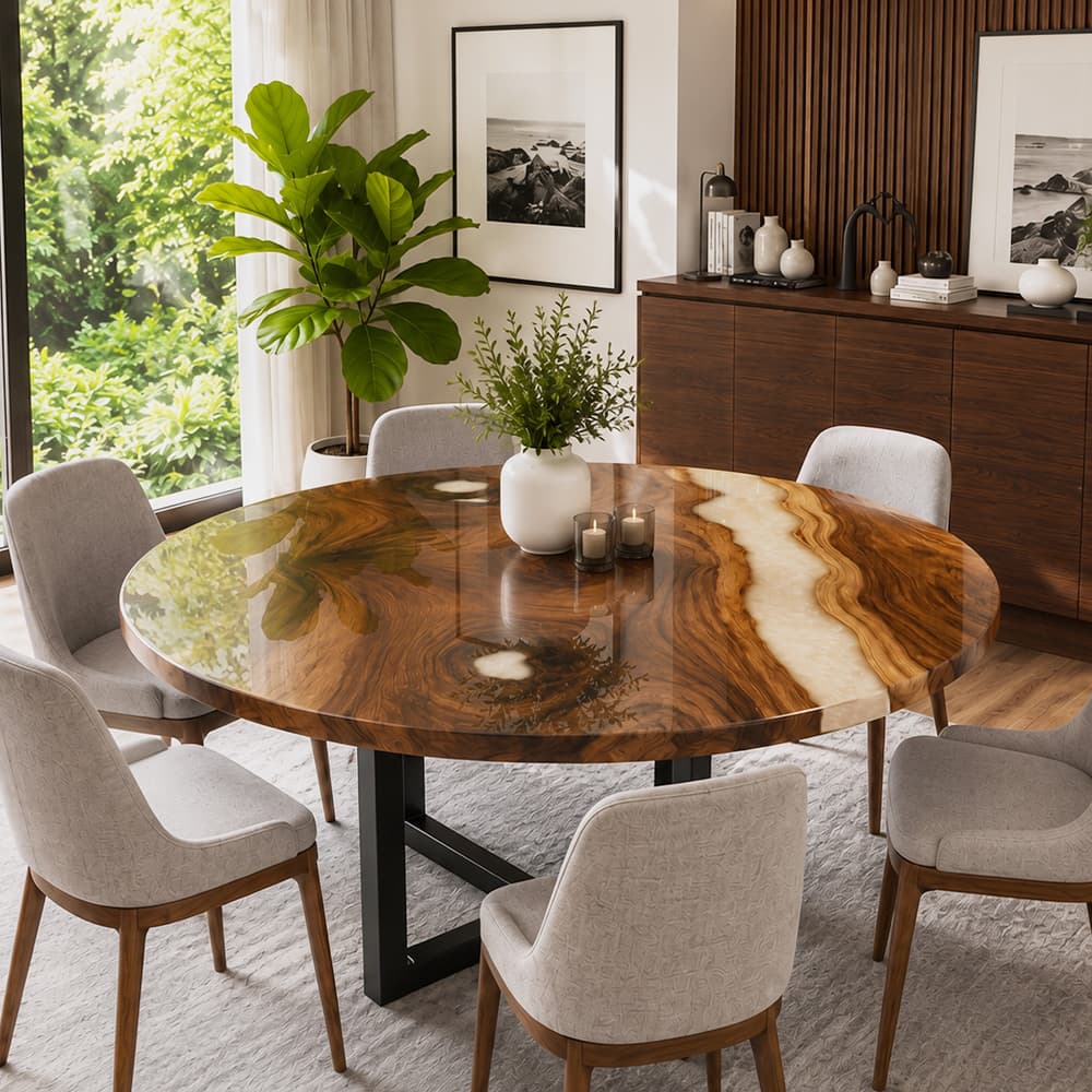 Circular live edge black walnut dining table with a cream pearlescent resin swirl in a bright contemporary dining room setup