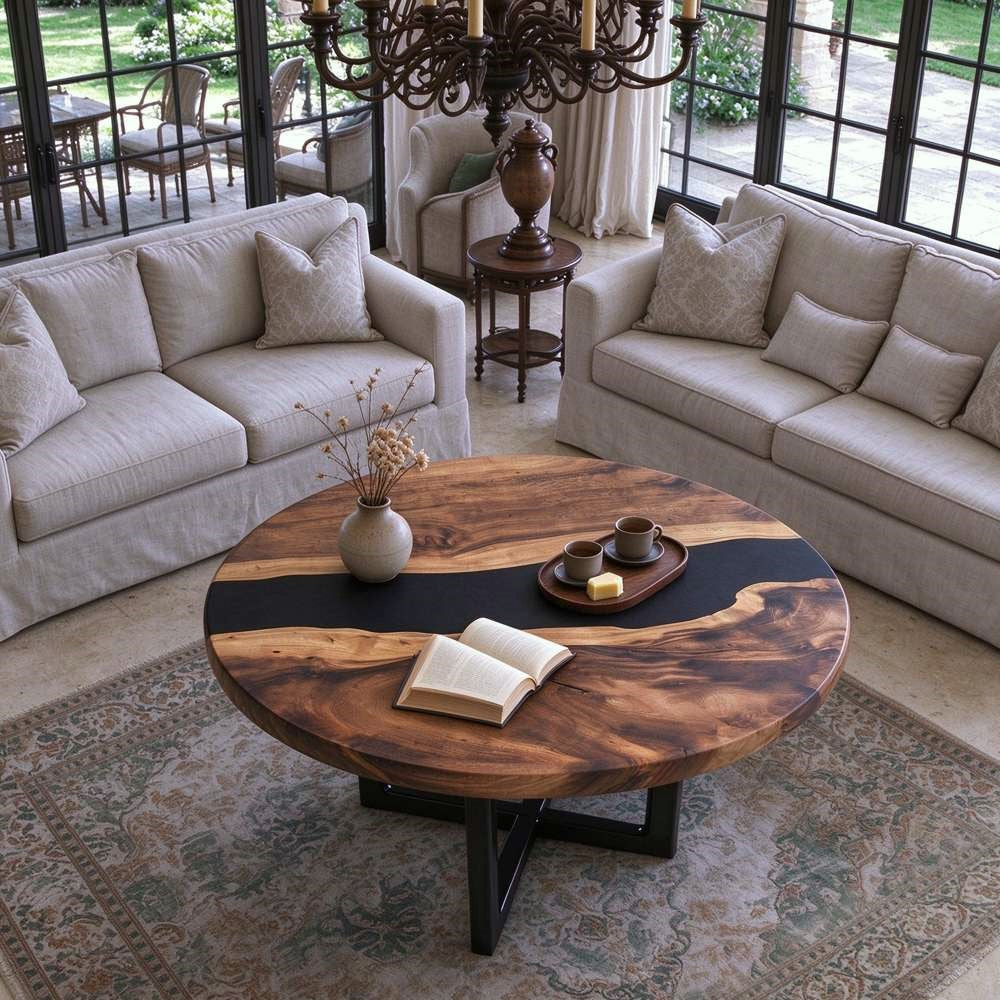 Round walnut epoxy coffee table with a black resin river and natural wood grain