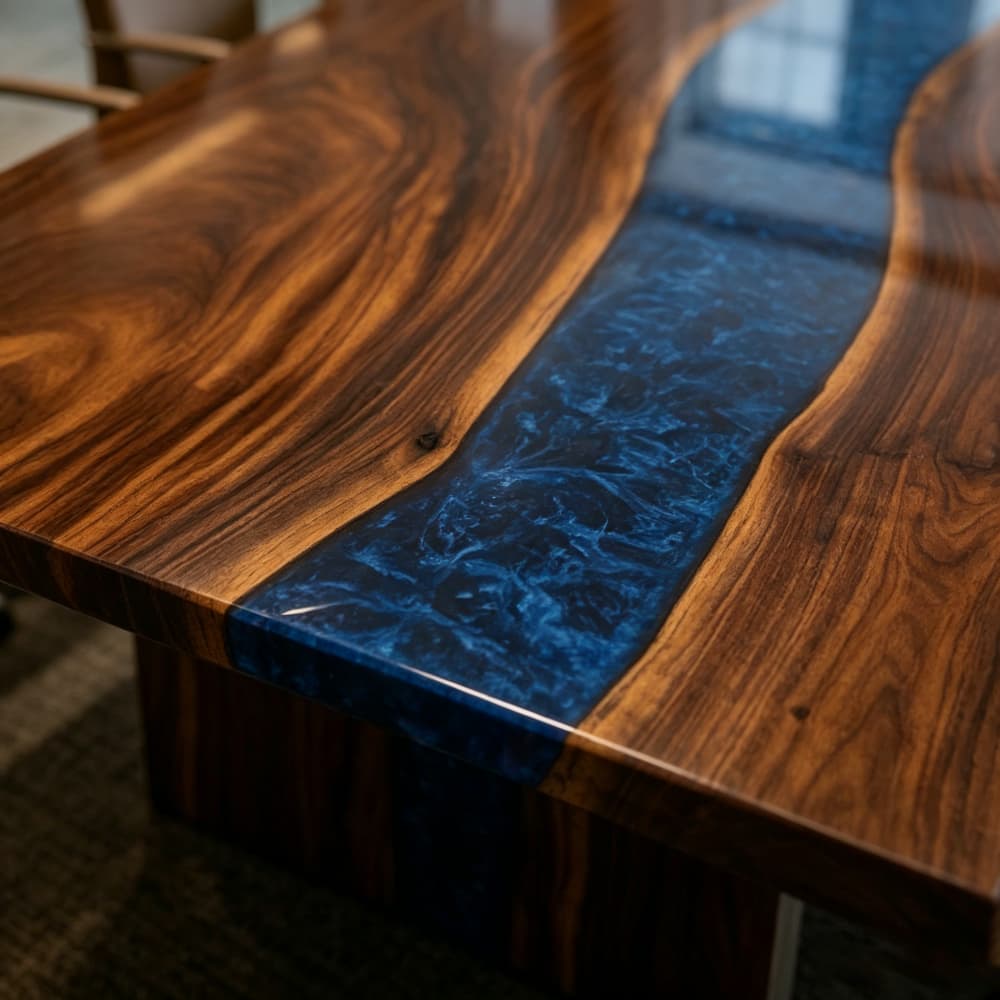 Close-up of deep chocolate brown American walnut timber bordering a high-gloss swirled blue epoxy channel under commercial lighting