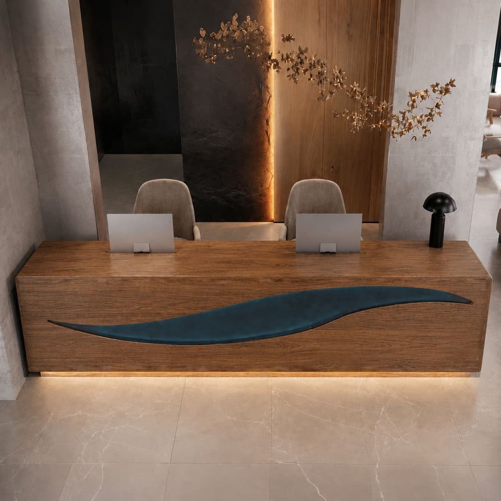 A perspective view of the monolithic block timber layout, showcasing the thick privacy screen designed to obscure desk office equipment