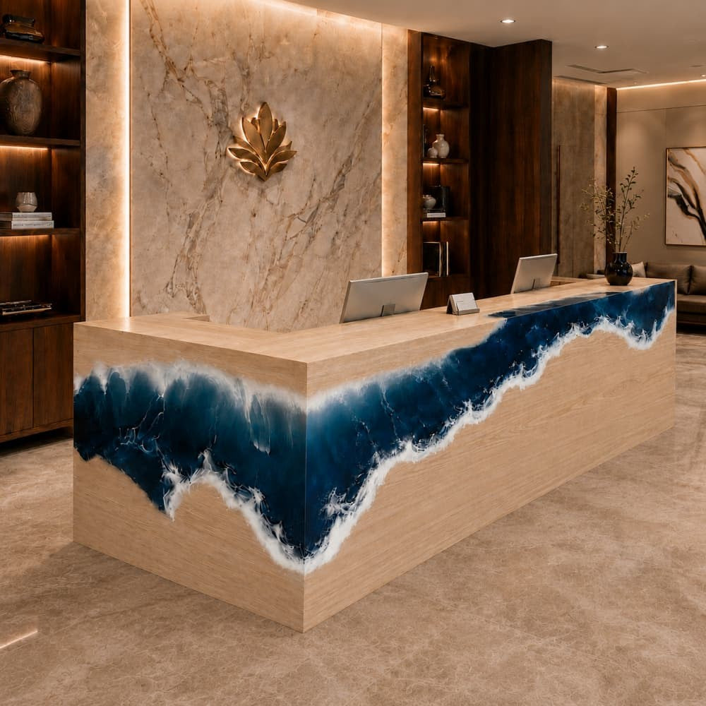 Micro texture of the smooth, pale oatmeal-colored linear grain pattern covering the massive solid timber lower front of the desk