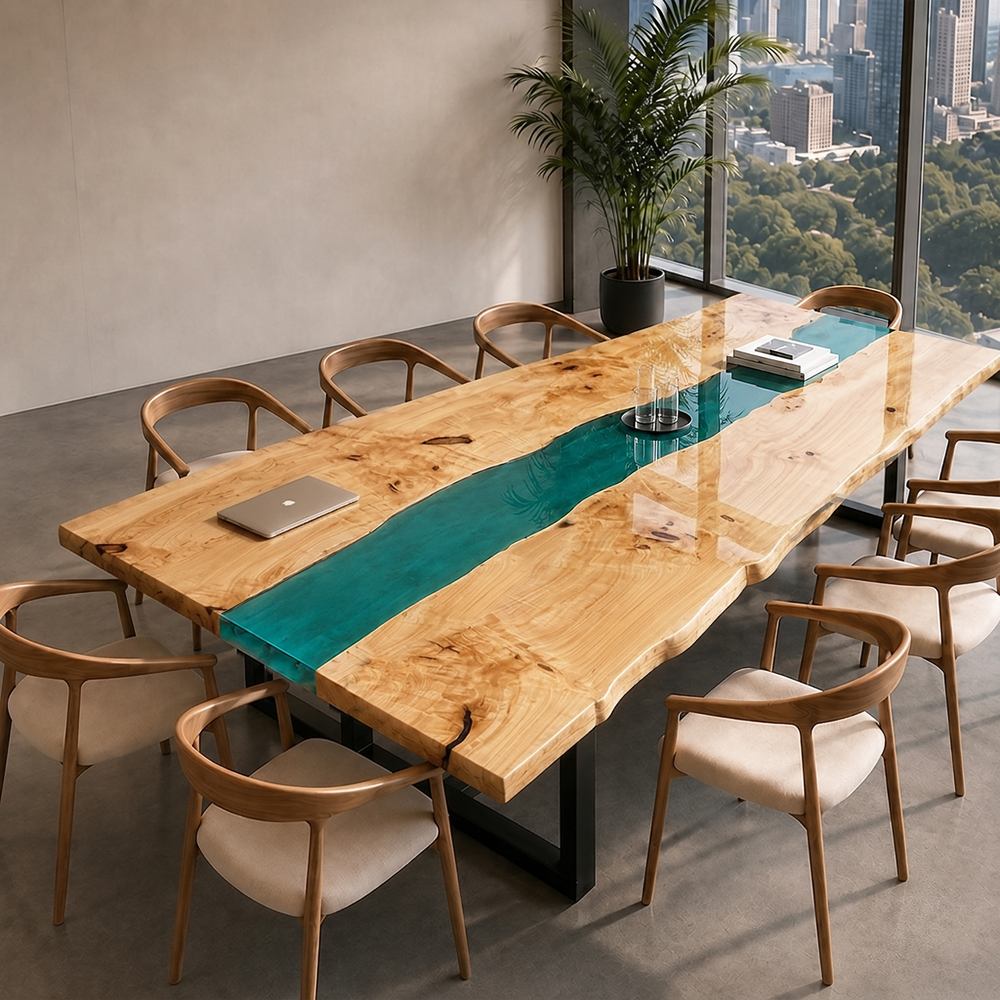 Minimalist corporate meeting space featuring a custom green resin table paired with light wood wishbone dining chairs