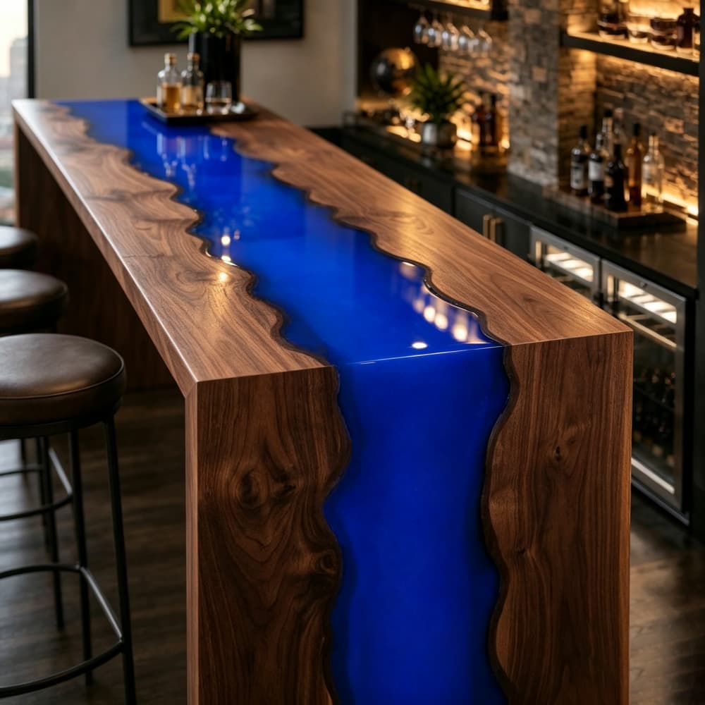 Top view of the heavy-duty commercial protective satin coating over natural walnut wood grain and deep blue epoxy