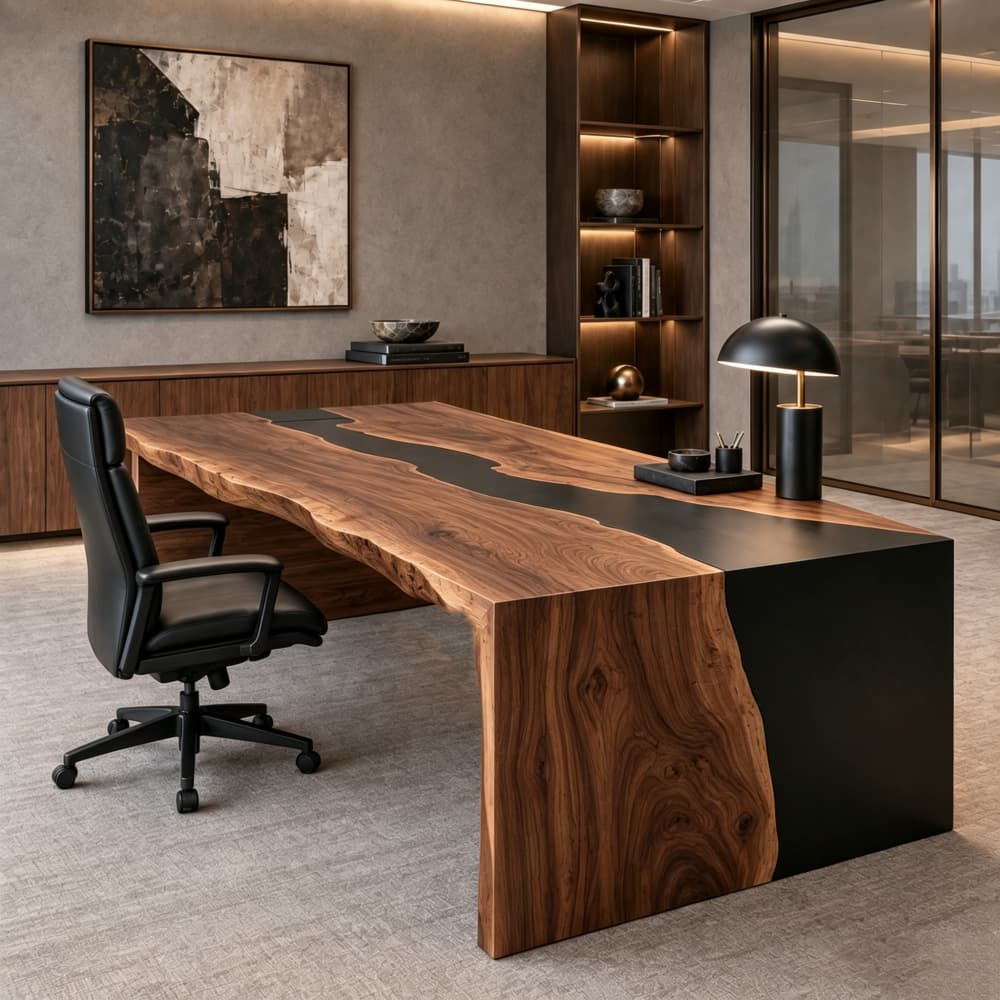Sculpted black walnut and matte black resin executive desk with a substantial solid wood top for a modern private office.