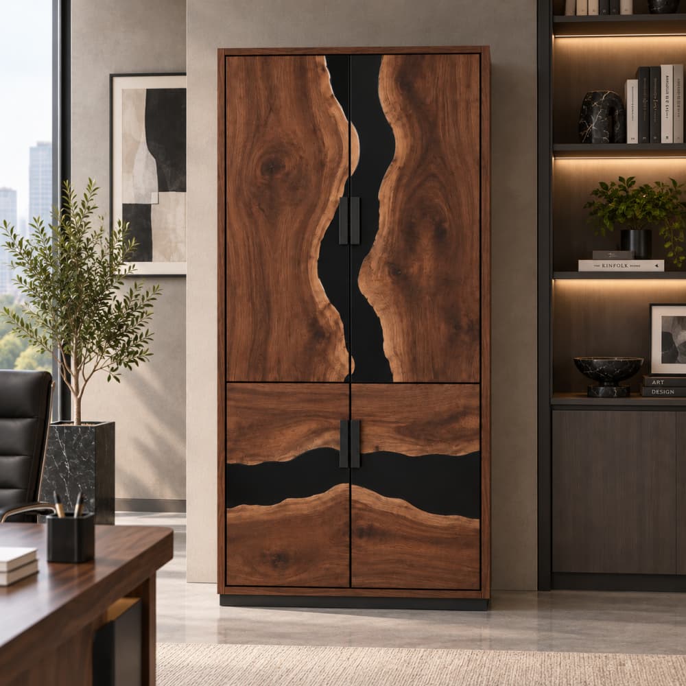 Custom Black Walnut tall office cabinet with sculptural matte black resin inlays and natural wood grain