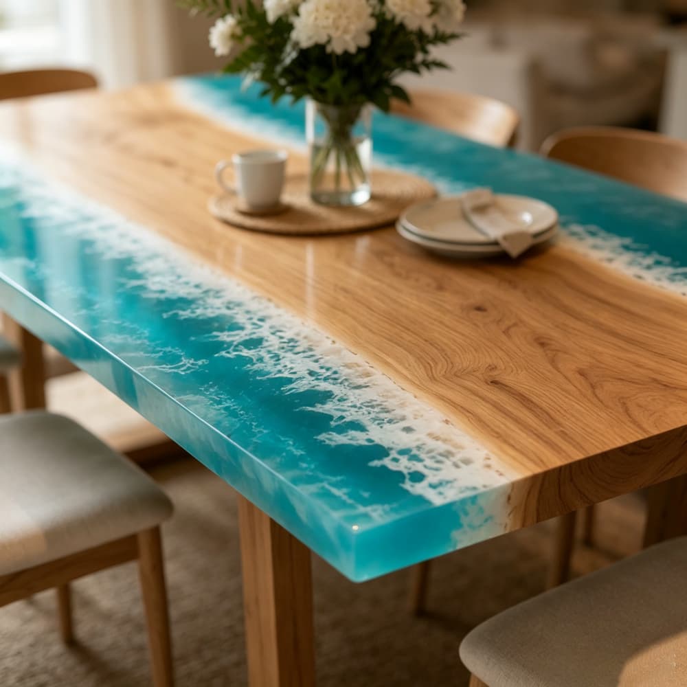 Close-up of biological white wave lacing and clear turquoise liquid resin bordering a smooth light blonde solid wood slab