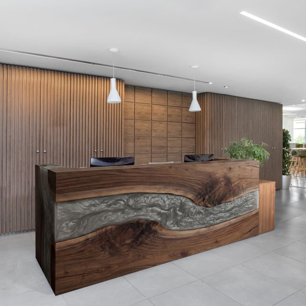 Right-angle perspective showing the seamless structural transition from the front wood-resin cladding to the solid timber side panel