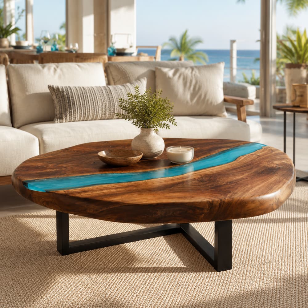 Handcrafted organic live edge black walnut circular river table