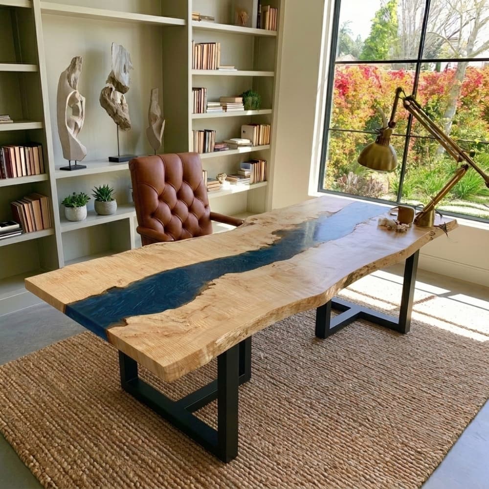 Serene poplar wood home office desk with a deep navy blue swirl resin river