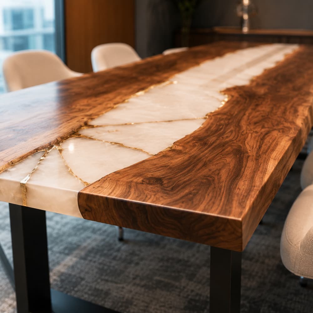 Macro surface close-up capturing delicate glittering gold fracture veins running through milky white marble epoxy, paired with swirling layered burl walnut grain across wide dual-plank dining surface