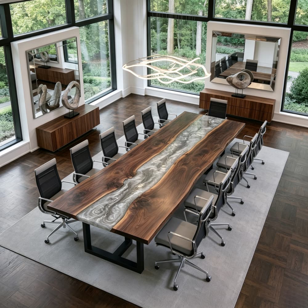 Silver swirl epoxy boardroom table crafted with black walnut wood slabs, organic live edges, and a refined metallic resin river