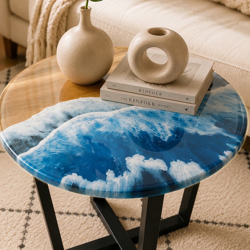Handcrafted small space luxury maple wood and blue epoxy round end table for cottage style interior design