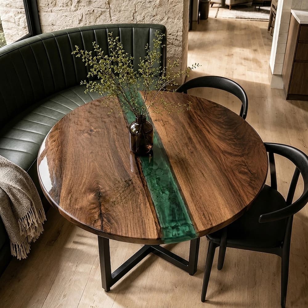 Compact walnut river table designed for breakfast nooks and café seating
