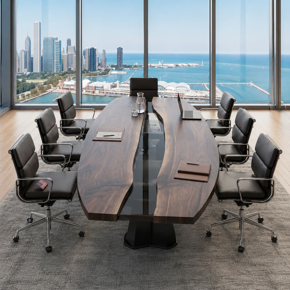 Custom boardroom table featuring transparent smoke-gray epoxy river and walnut grain
