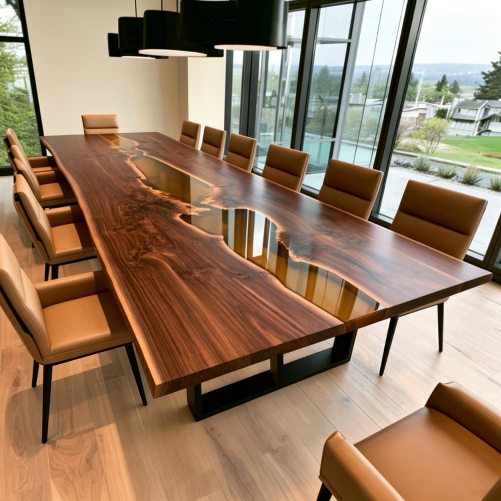 Black Walnut conference table with smoky amber epoxy resin and warm translucent tones for a modern executive boardroom.
