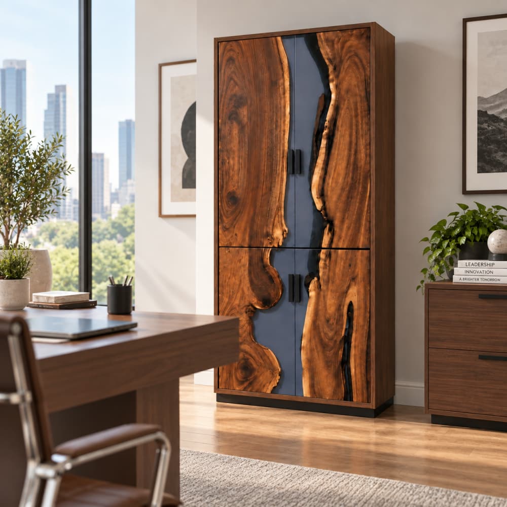 Custom Black Walnut tall office cabinet with smoky gray resin center for a refined modern executive workspace