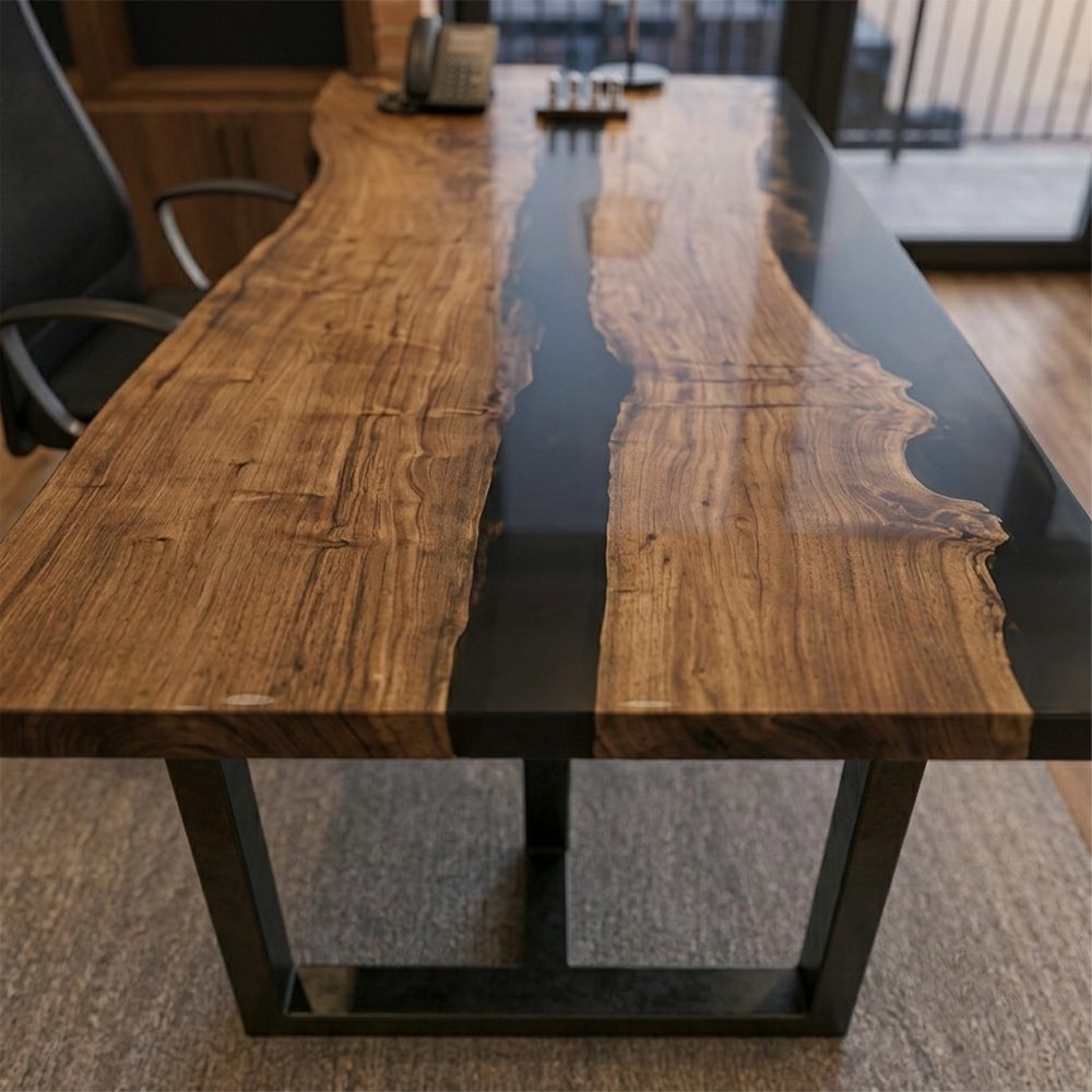 Macro shot of the smooth transitions on a custom walnut and black resin office desk