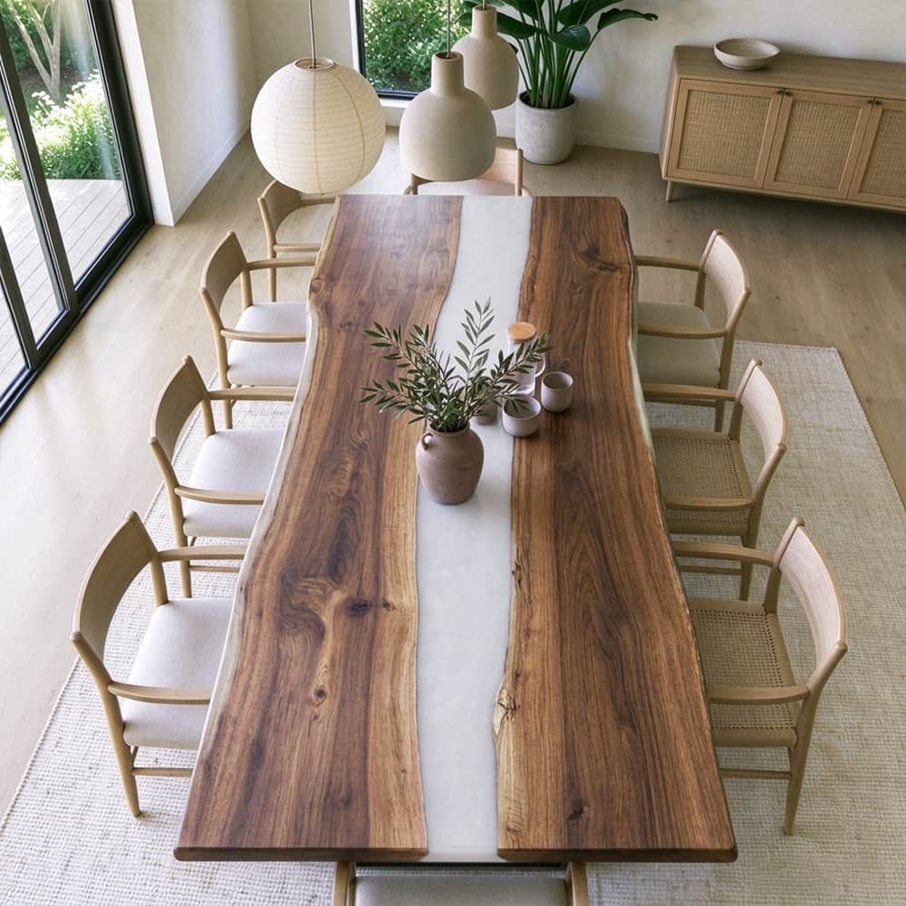 Soft matte walnut and gray epoxy dining tabletop with a smooth, low-sheen surface that highlights the natural beauty of the wood.