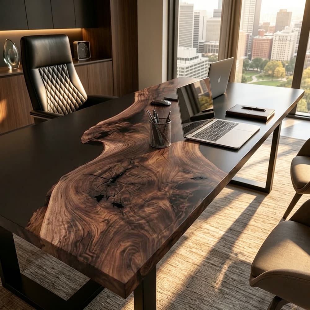 Black walnut and black epoxy resin office desk with a custom solid wood desktop and flowing natural grain.