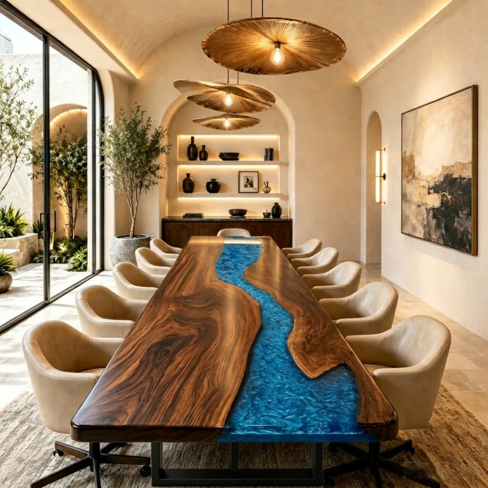 Black Walnut conference table with blue vortex resin inlay