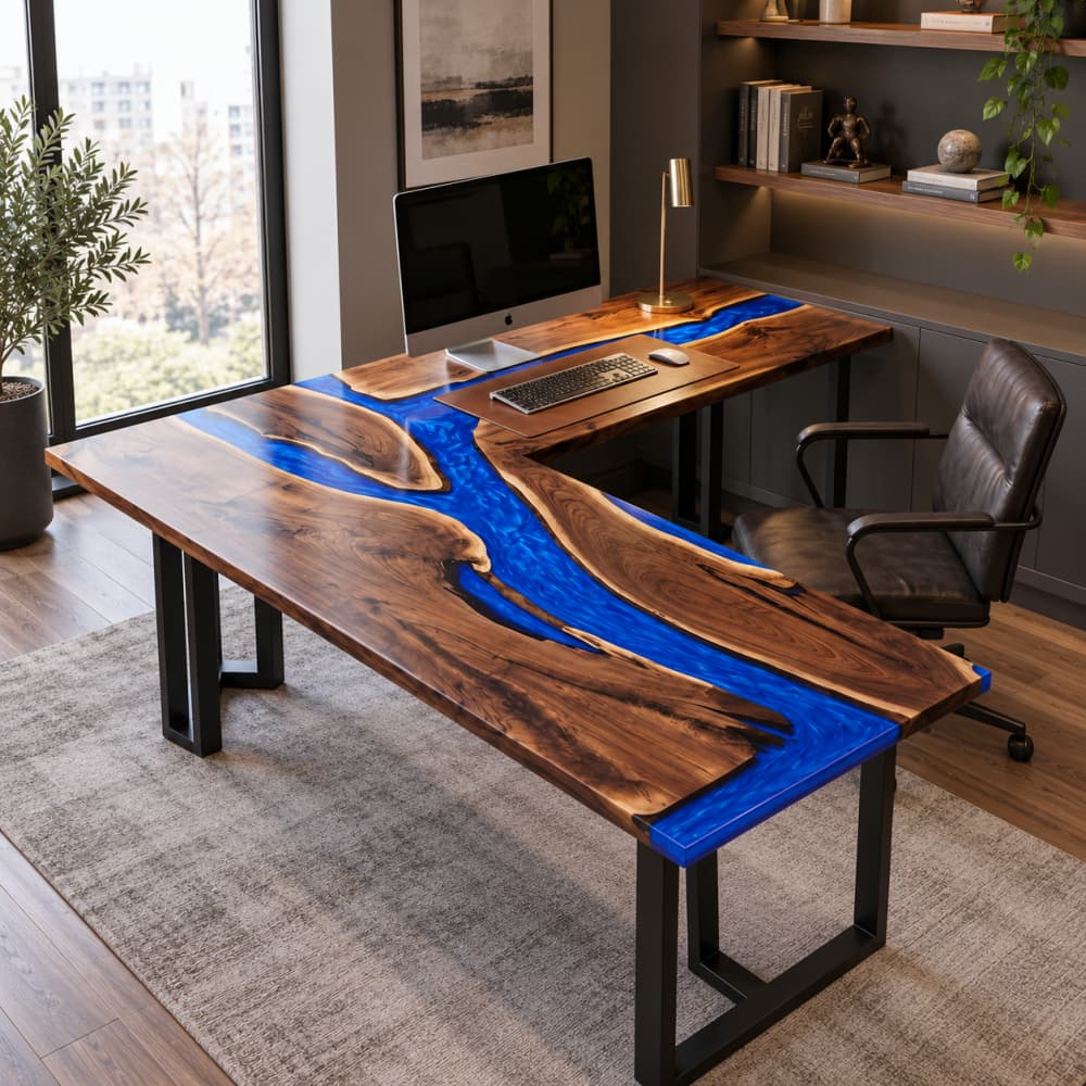 Solid black walnut slab L-shaped desk with swirling blue epoxy river, handmade river wood corner workstation for multi-monitor home office setup
