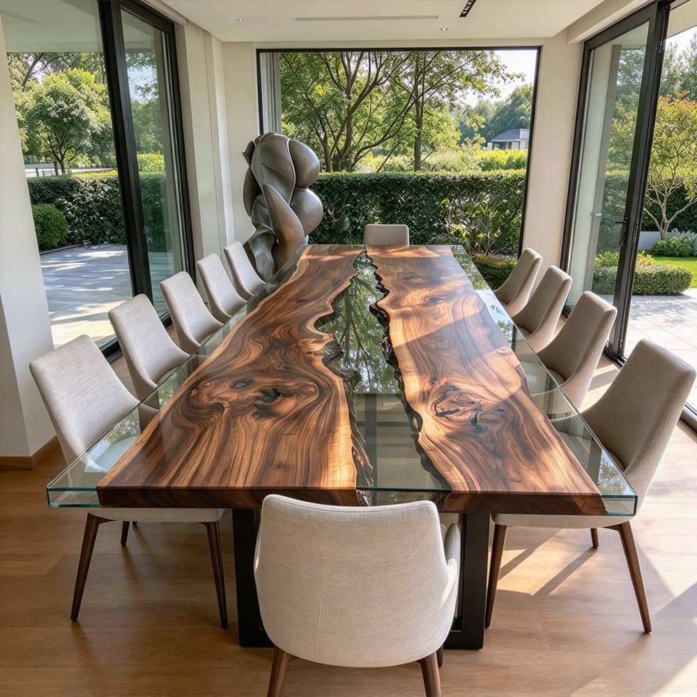 Solid black walnut dining tabletop showcasing rich natural grain and warm brown tones.