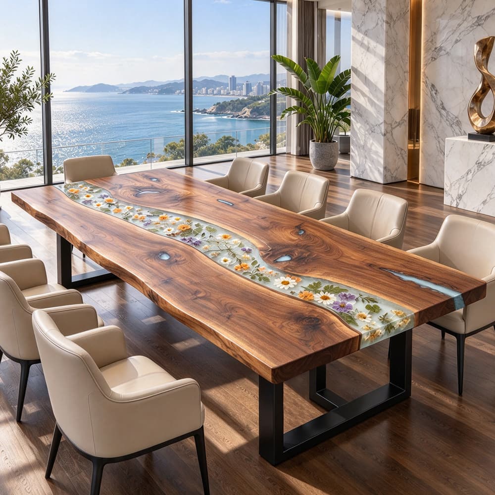 Solid black walnut epoxy river dining table featuring flowing natural grain and layered white and blue resin details