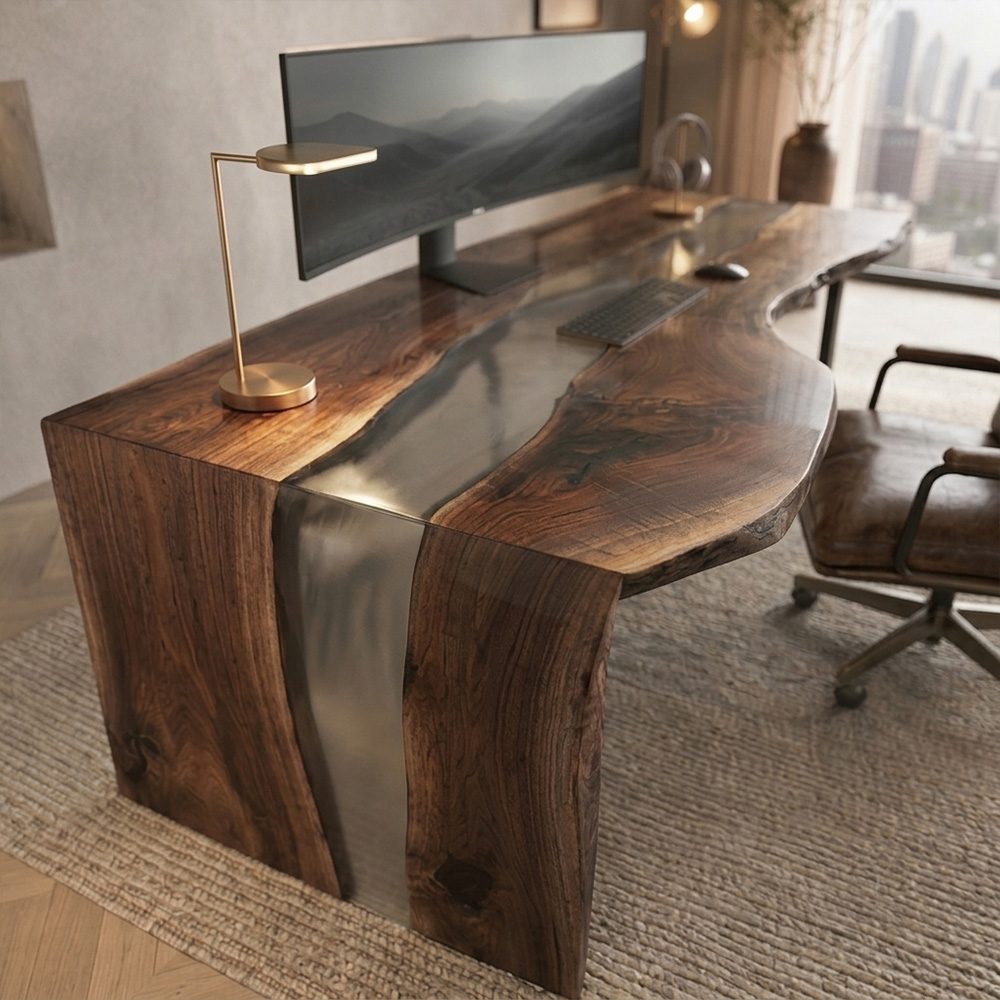 Solid black walnut gray epoxy desk highlighting rich natural grain, live edge character and translucent resin