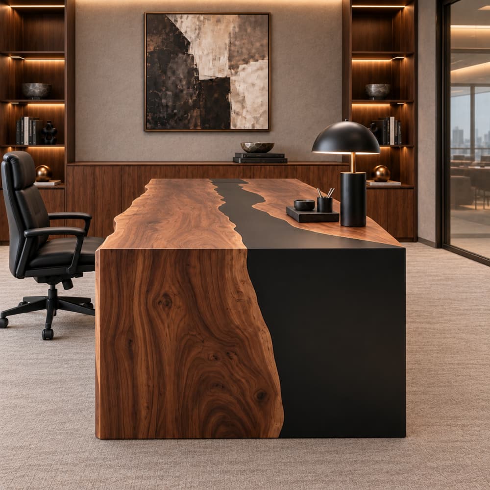 Solid black walnut executive desk showing natural flowing wood grain beside a smooth black resin section.