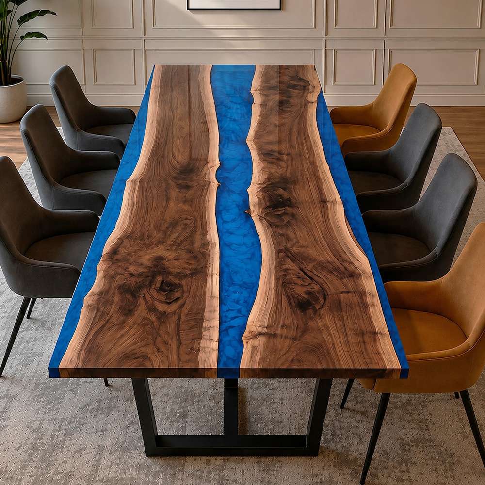 Solid black walnut resin river dining table handcrafted for modern luxury dining spaces