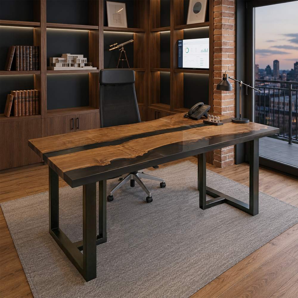 A professional home office setup featuring a natural walnut and black resin desk