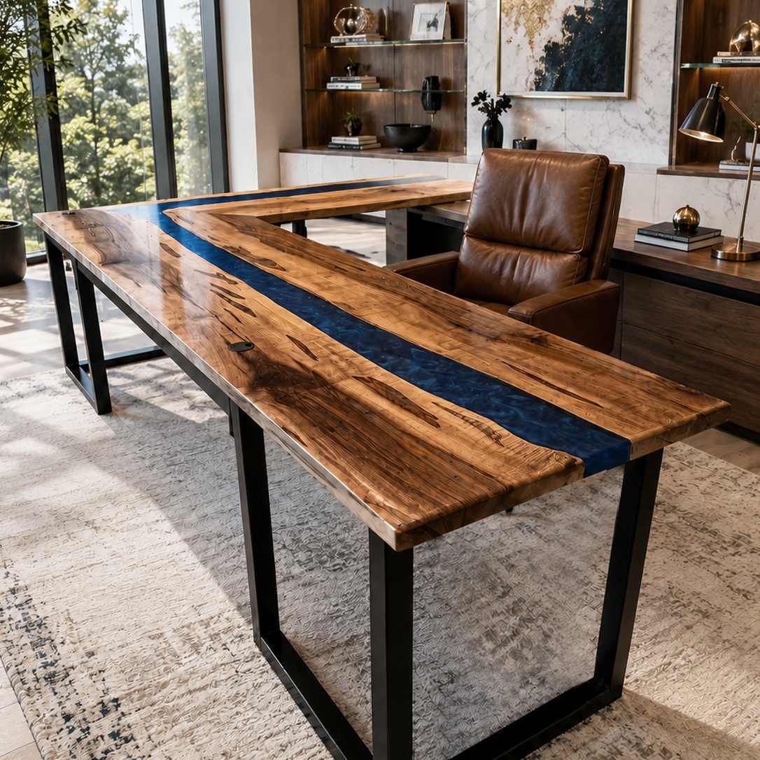 Close-up of natural walnut burl live edge grain and glossy deep blue resin river inlay on large executive workstation surface