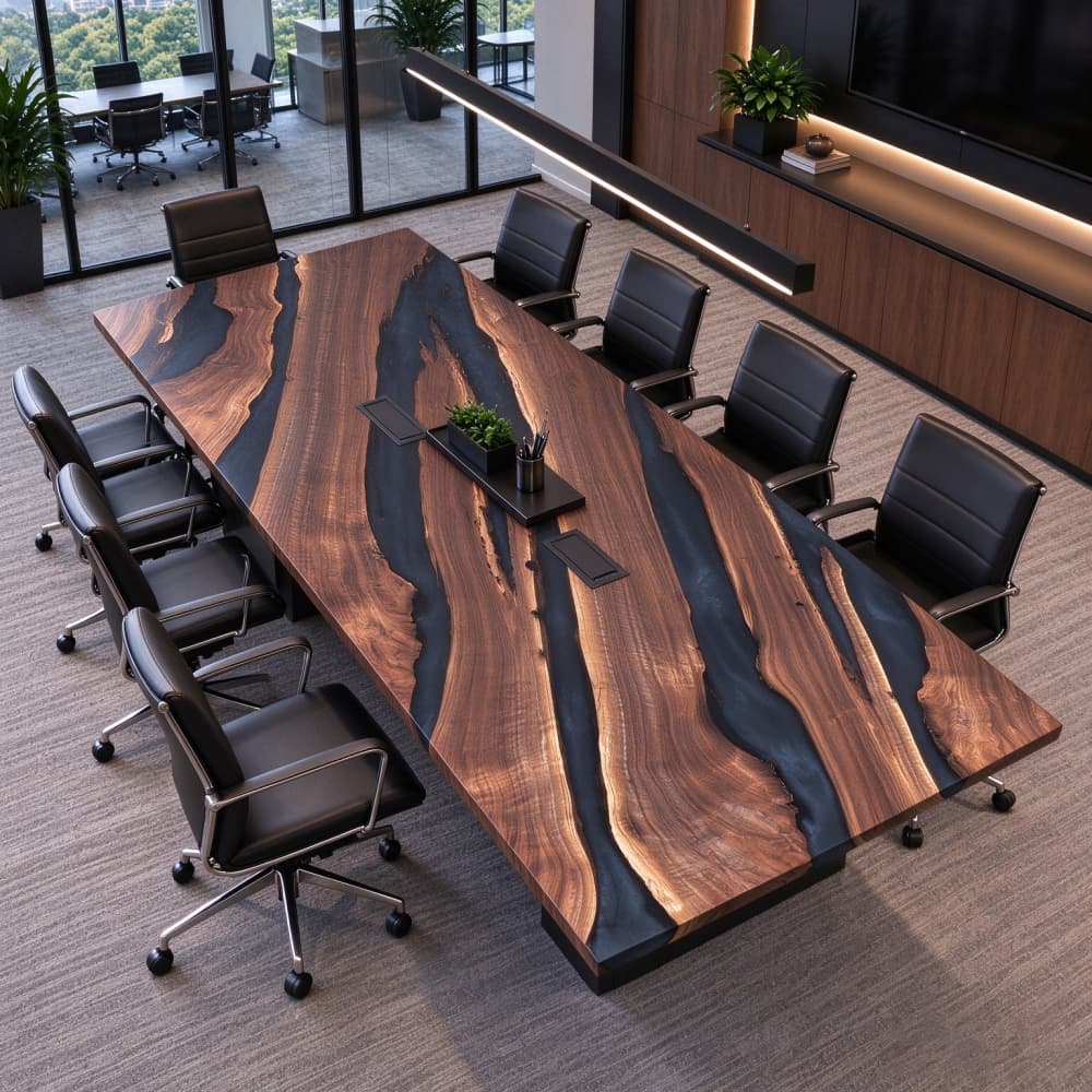 Closeup of solid black walnut tabletop with flowing dark gray epoxy resin inlay for office conference table