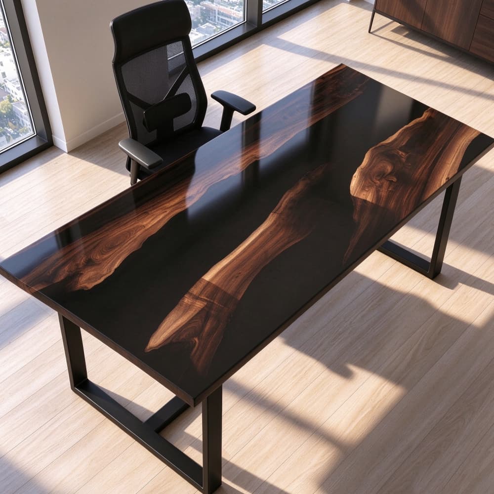 Close up of solid black walnut epoxy river desk showing natural wood grain, black resin inlay and sturdy metal table legs